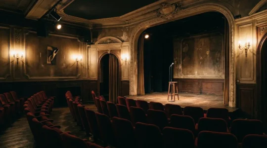 Salle de spectacle parisienne intimiste avec scène éclairée et public attentif