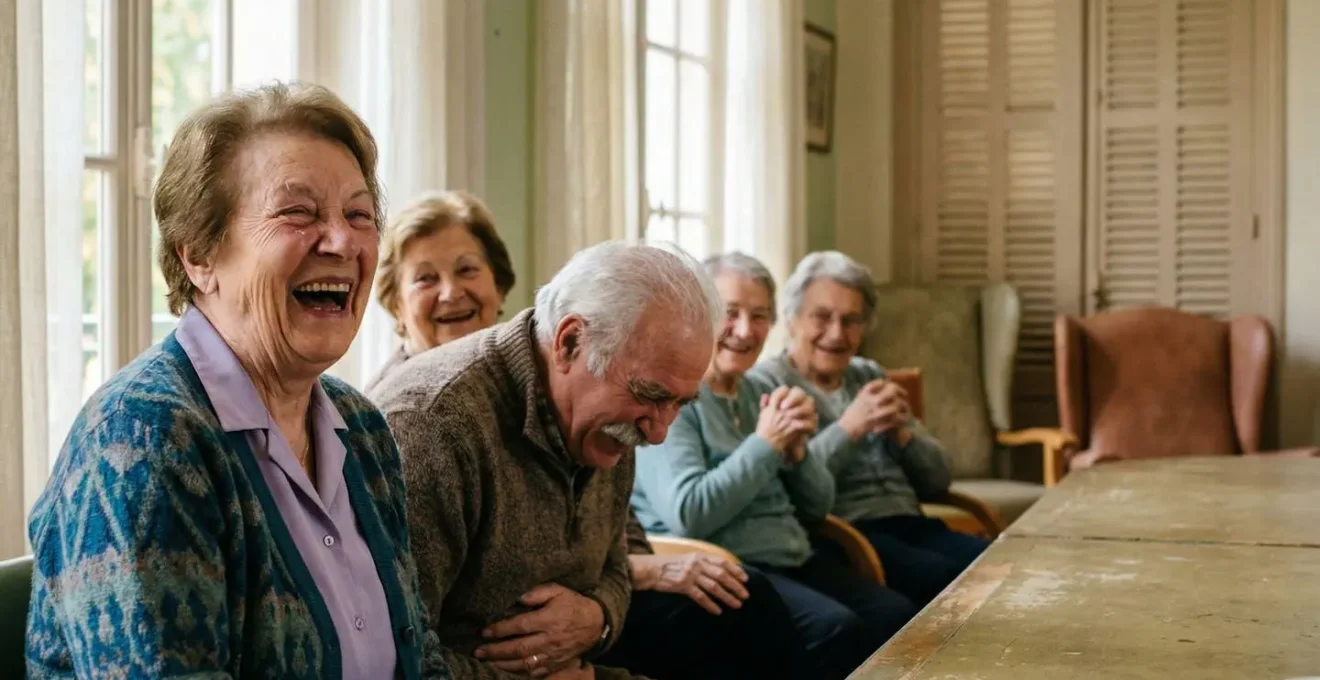 Séance de thérapie par le rire dans un établissement pour personnes âgées en France, ambiance joyeuse et bienveillante
