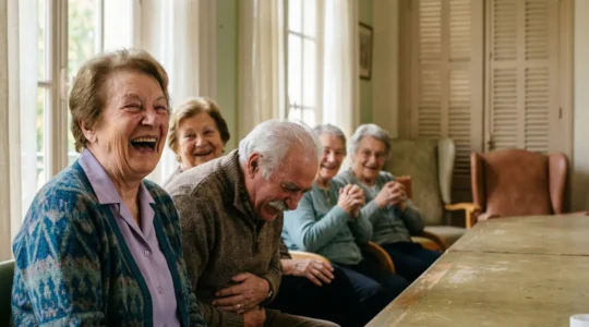 Séance de thérapie par le rire dans un établissement pour personnes âgées en France, ambiance joyeuse et bienveillante