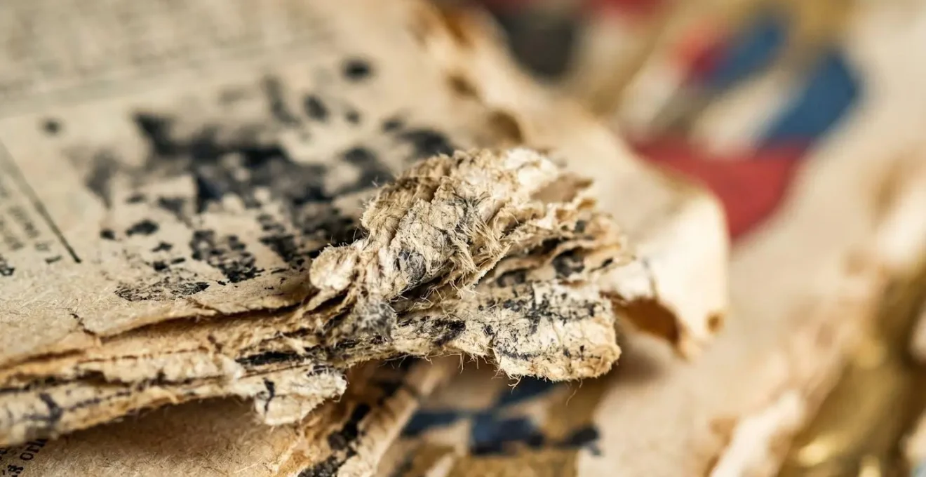 Macro détaillée de pages d'archives de journaux satiriques français, texture du papier journal vintage révélant le passage du temps