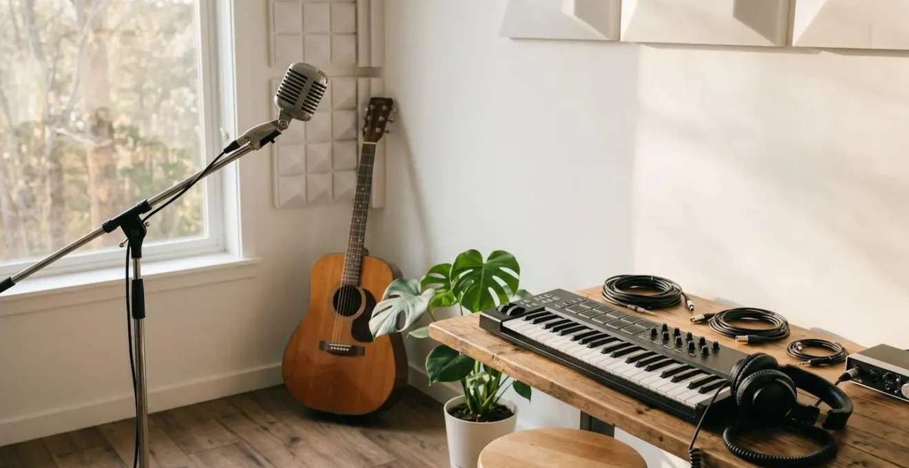 Espace de création musicale avec instruments et équipement d'enregistrement évoquant la production de parodies sonores