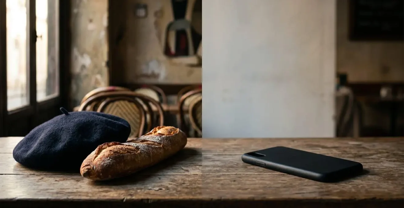 Nature morte symbolique contrastant des éléments traditionnels français avec des objets contemporains triviaux