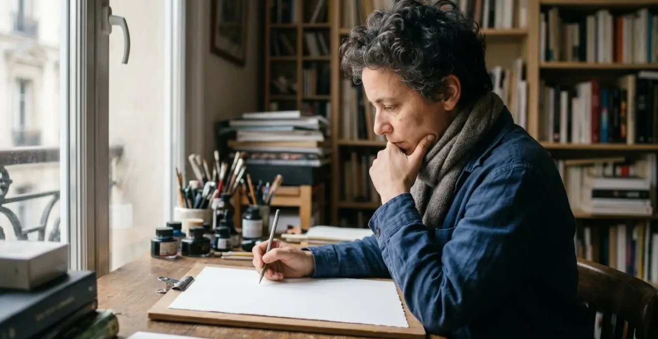 Portrait d'un dessinateur de presse français au travail, concentration créative dans son atelier lumineux