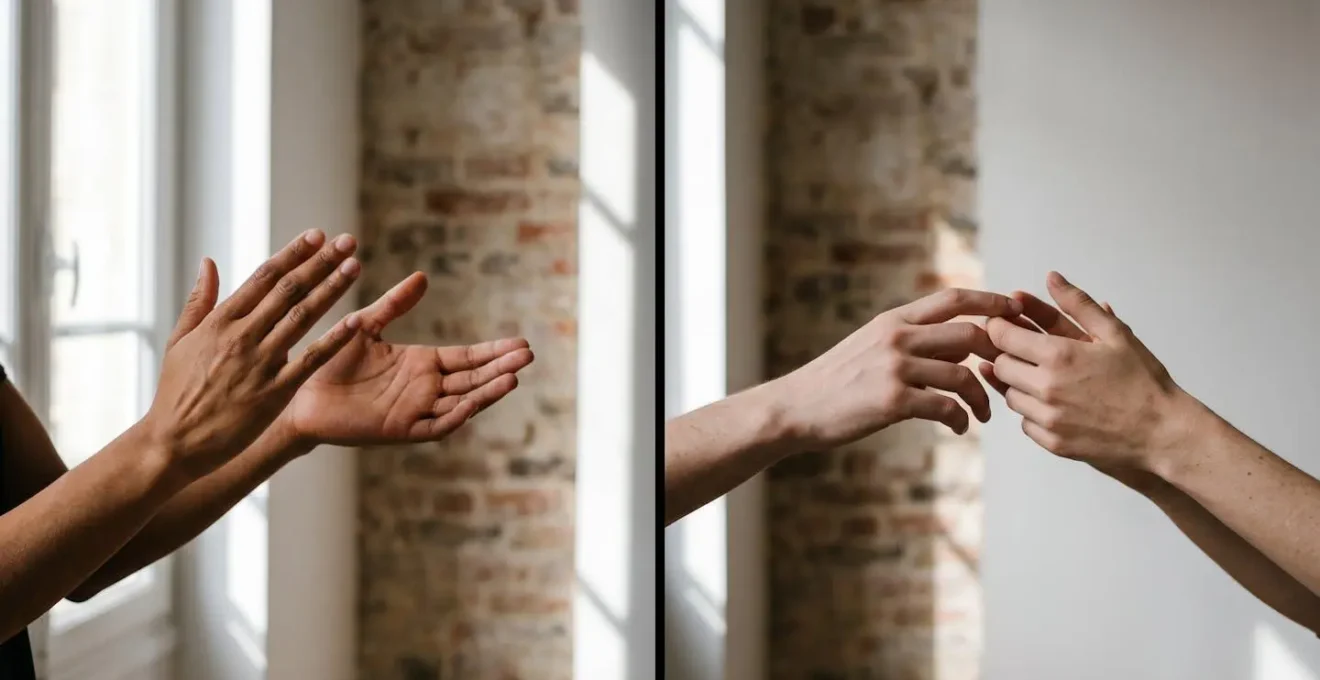 Deux écrans côte à côte montrant une interaction visuelle synchronisée avec gestes expressifs