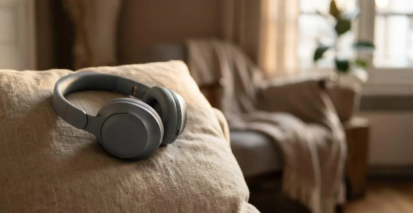 Casque audio posé délicatement sur un coussin moelleux dans une ambiance chaleureuse et apaisante