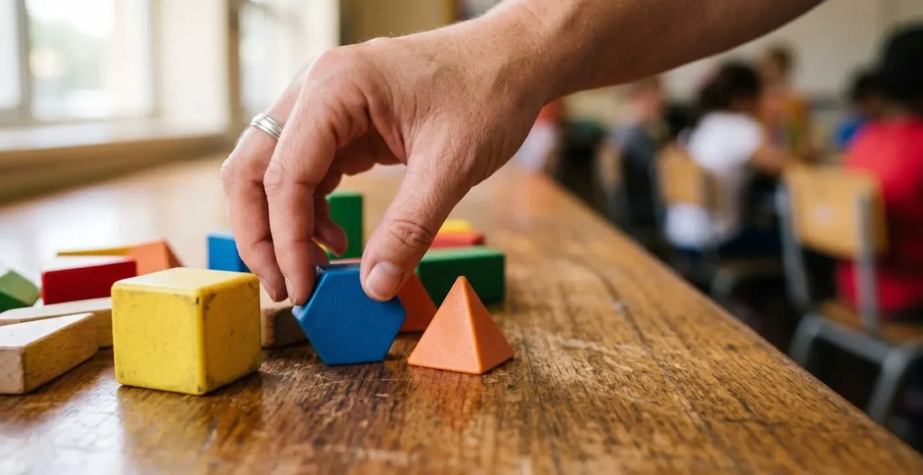 Gros plan sur les mains d'un enseignant utilisant des objets pedagogiques ludiques et colorés pour illustrer un concept scientifique