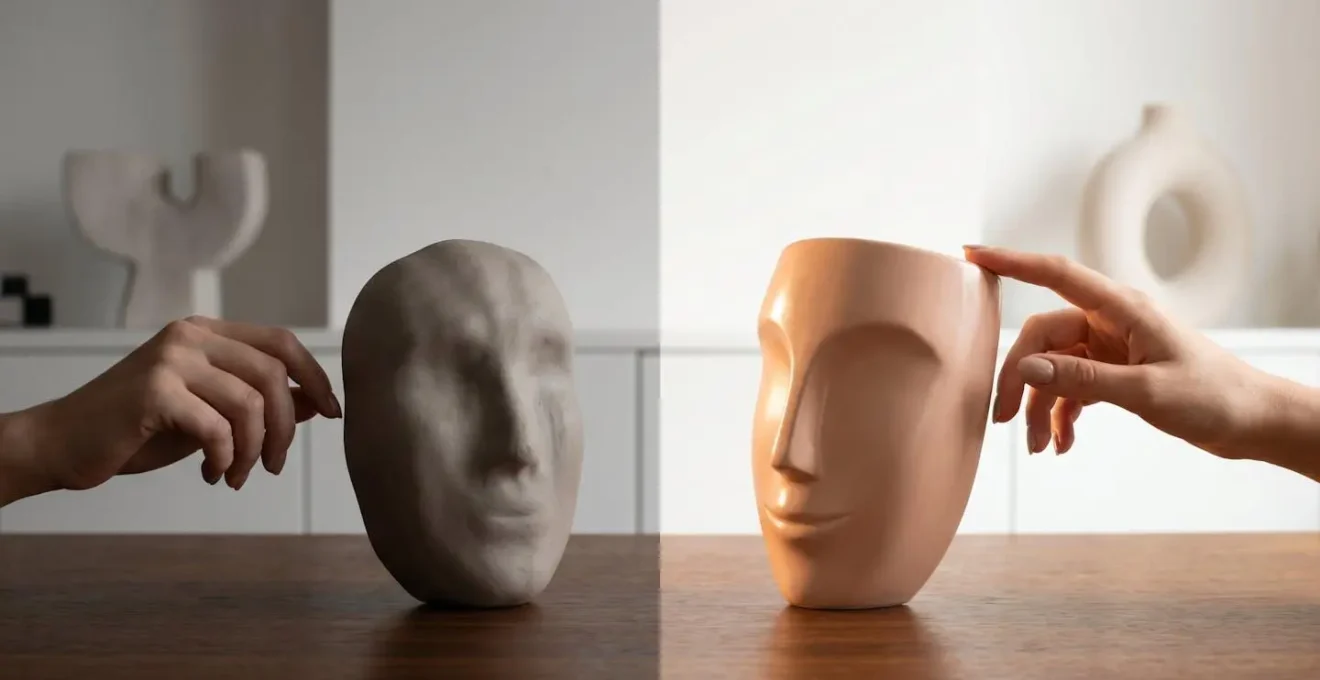 Scène symbolisant l'authenticité émotionnelle au travail avec contraste entre masque social et expression sincère