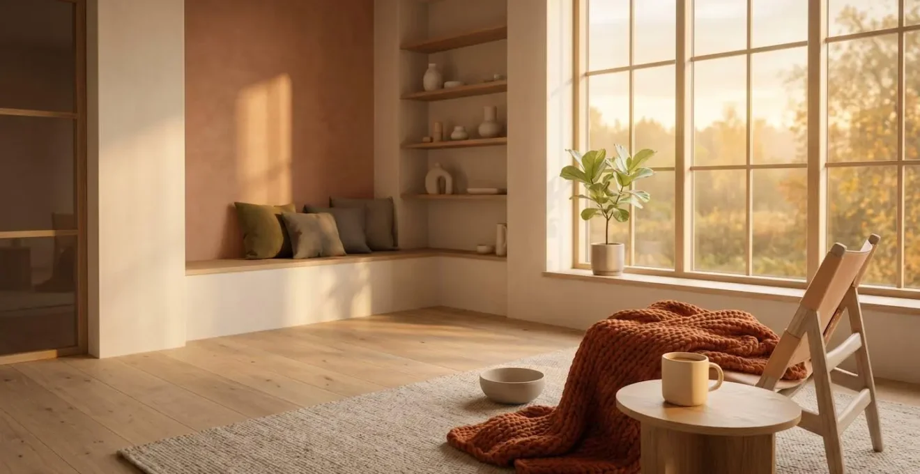 Atmosphère chaleureuse et lumineuse d'un intérieur cosy, évoquant le bien-être et la chaleur intérieure que le rire peut procurer en période hivernale.