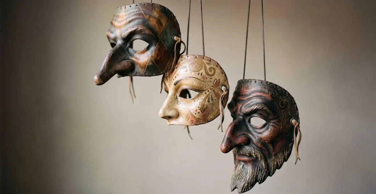 Masques traditionnels de la commedia dell'arte suspendus sur fond minimaliste épuré