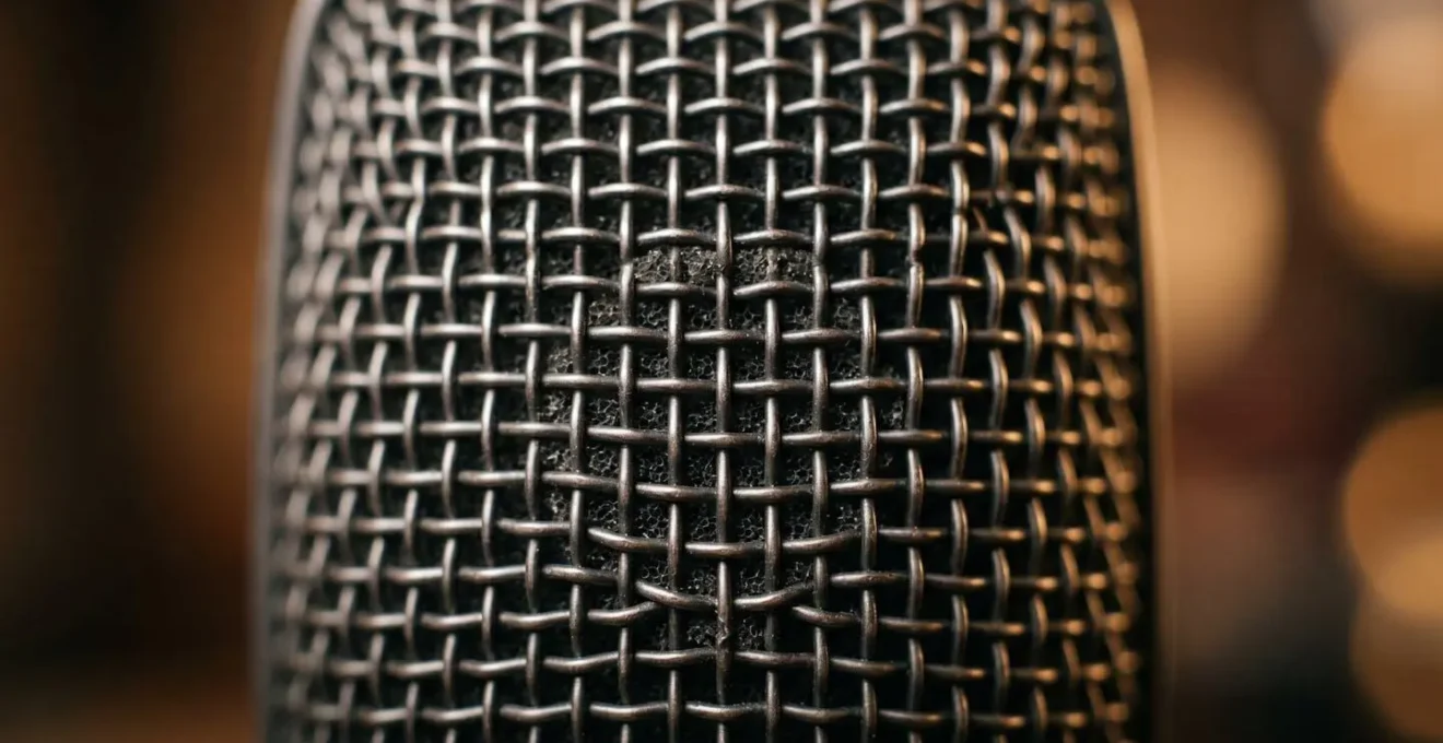 Gros plan macro sur la membrane d'un microphone de podcast professionnel avec texture détaillée