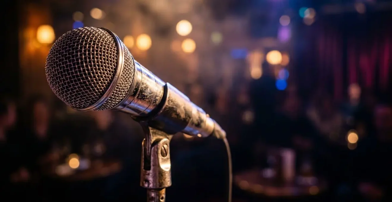 Microphone sur pied en gros plan sur scène de comedy club avec lumières tamisées en arrière-plan