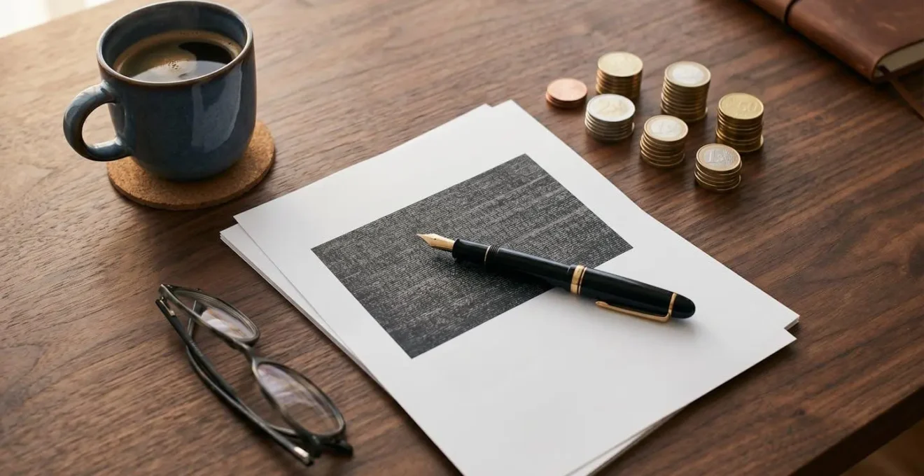 Artiste humoriste consultant des documents de contrat et tarification dans un environnement professionnel