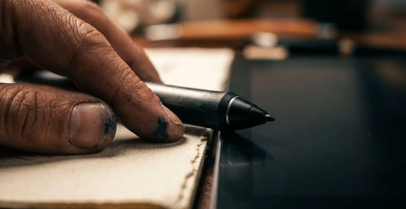 Gros plan sur les outils de création artistique contemporains illustrant la transition technologique du dessin traditionnel au numérique
