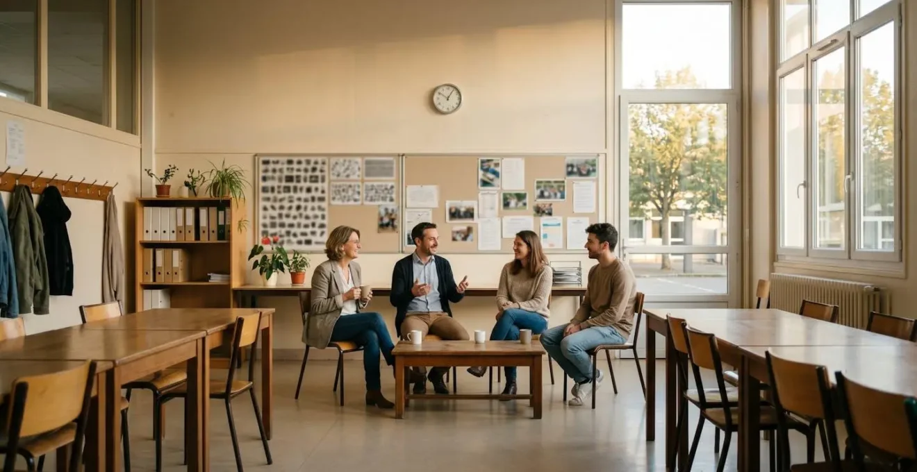 Vue atmosphérique d'une salle des professeurs française en fin de journée avec lumière douce