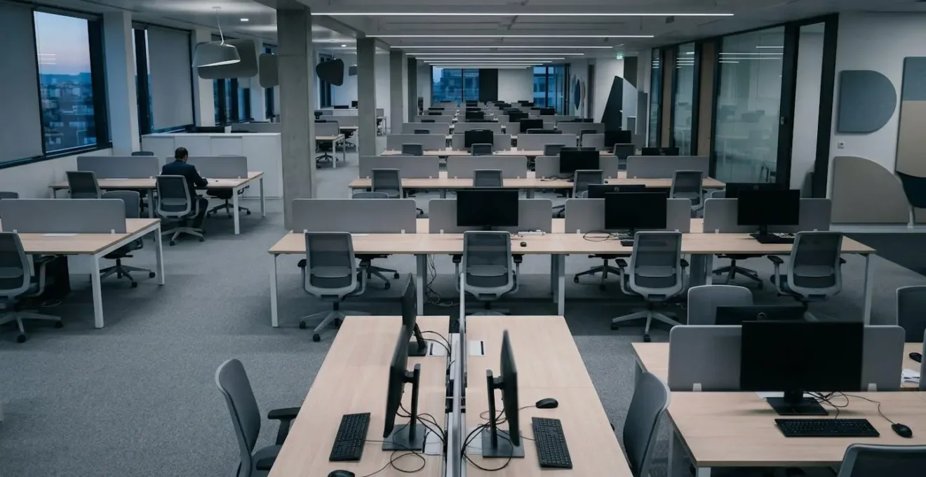 Environnement de bureau minimaliste et silencieux illustrant l'absence d'interactions humaines et de vitalité collective