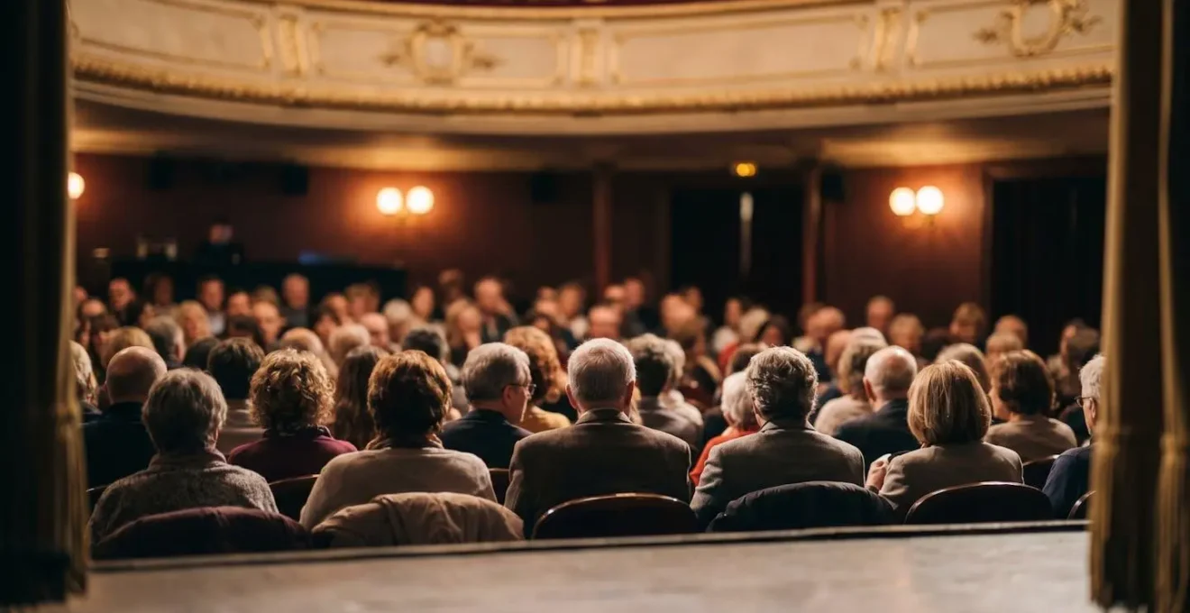 Vue depuis la scène montrant le public de théâtre vu de dos dans une salle française intimiste