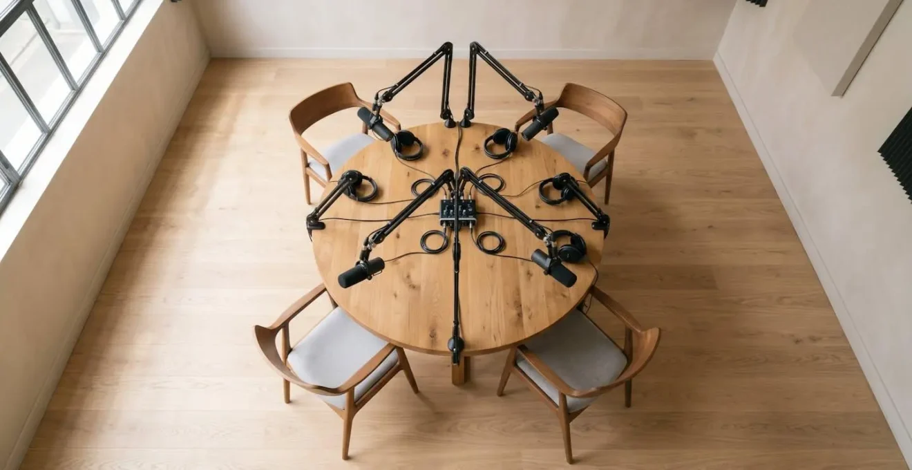 Vue en plongée d'une table d'enregistrement de podcast avec plusieurs sièges disposés en cercle dans un espace minimaliste