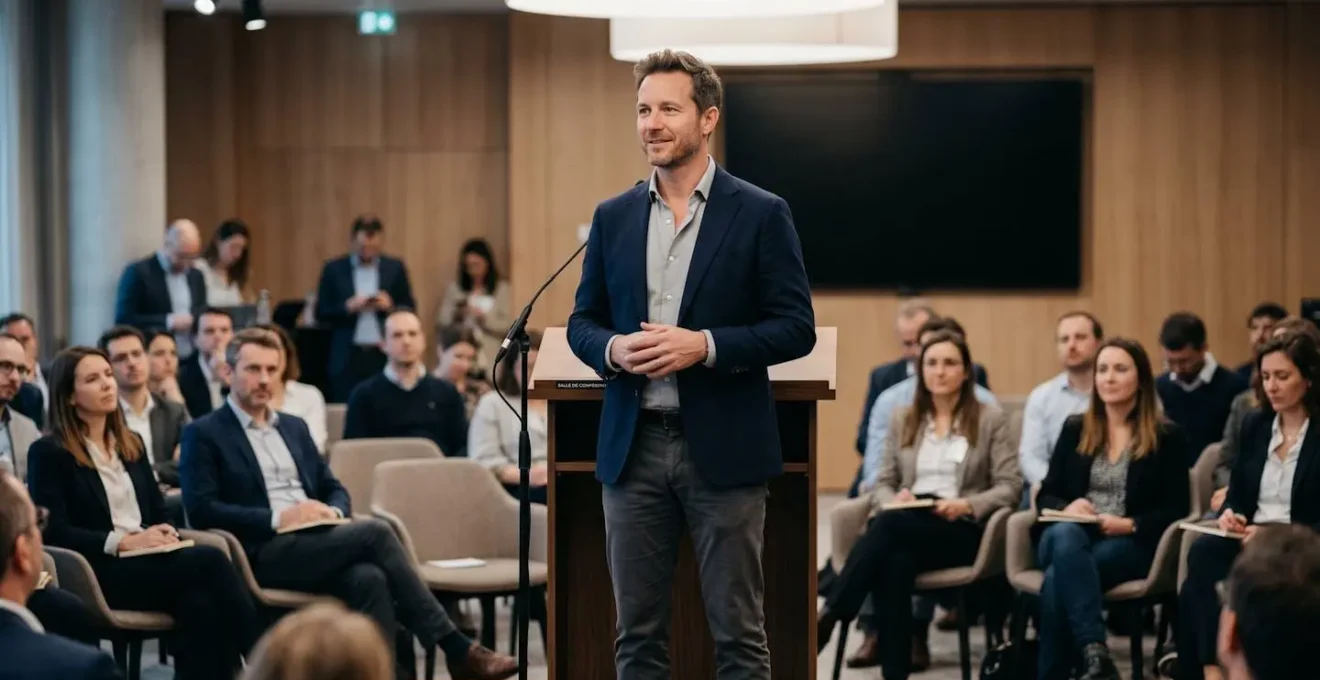 Un intervenant debout face à son auditoire dans une salle de conférence moderne, capturé au moment où il établit le contact visuel avant de commencer sa présentation