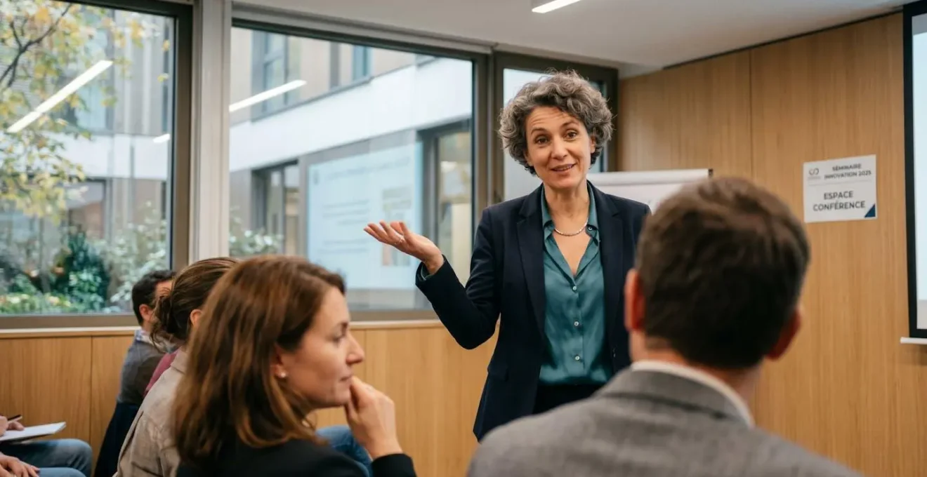 Une intervenante pose une question à son public avec un geste de main ouvert, dans une salle de formation où plusieurs participants réagissent en arrière-plan